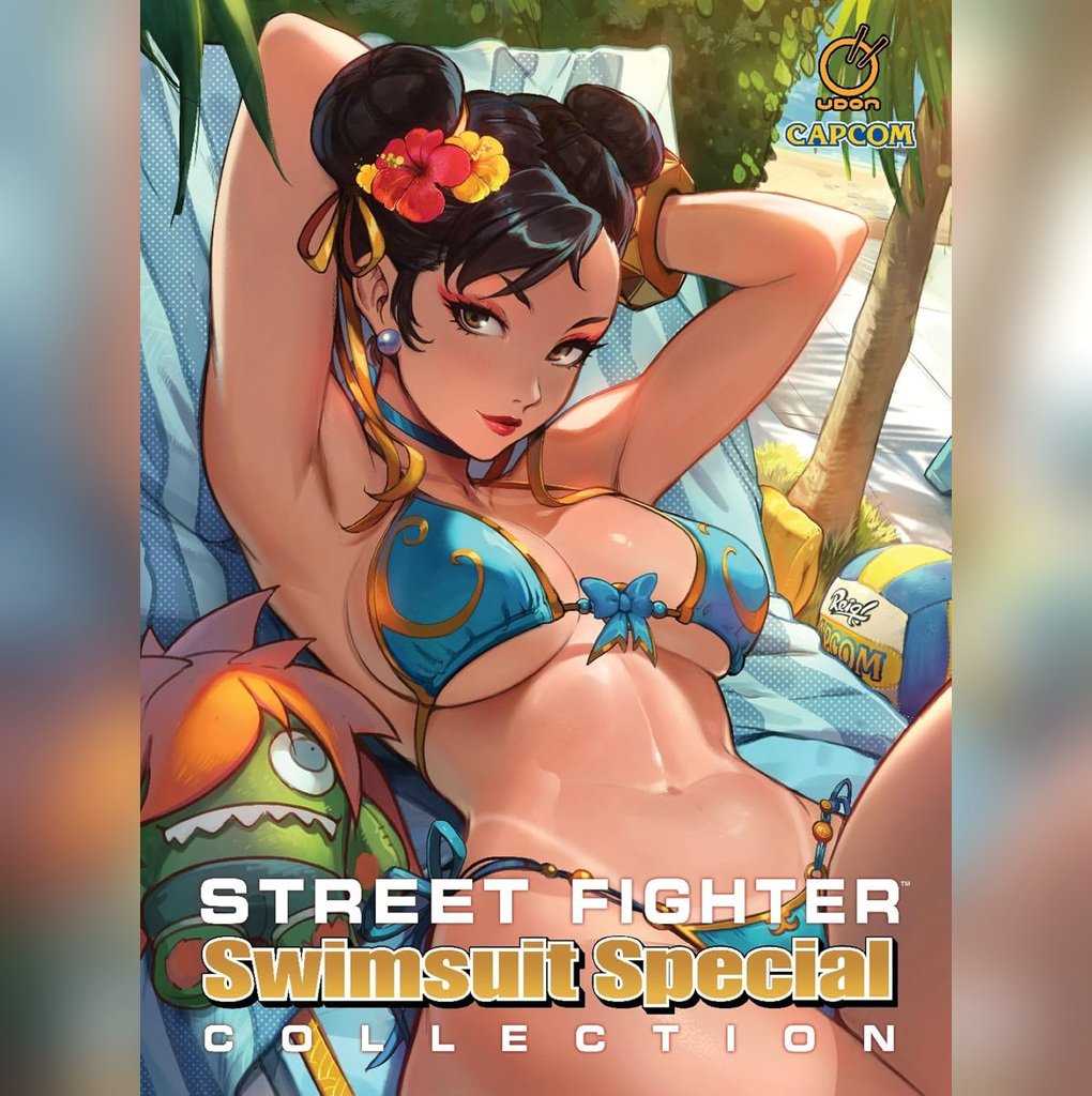 livro de Street Fighter Swimsuit Special Collection Volume 1, com ilustração de Chun-Li em traje de banho.
