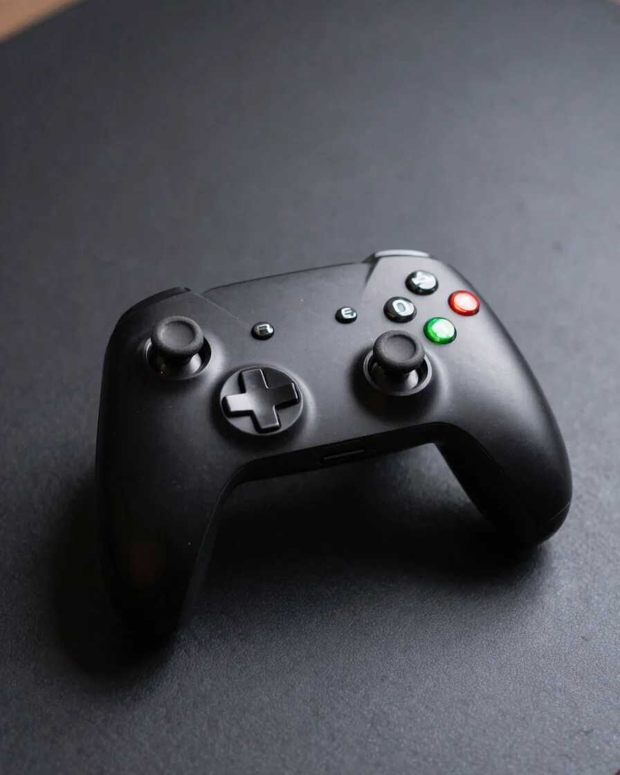 Close-up of a high-precision gaming controller resting on a dark