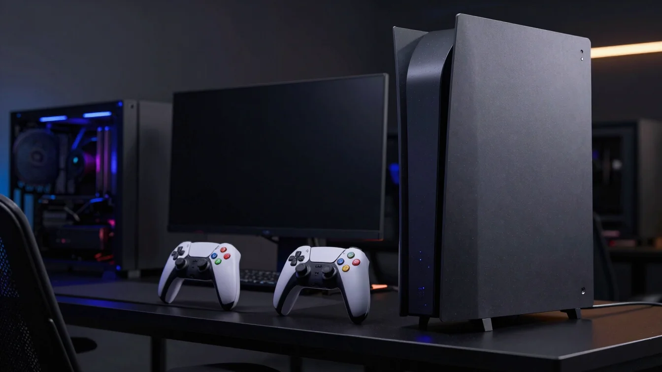 Console de videogame moderno em um setup gamer escuro com ilumina